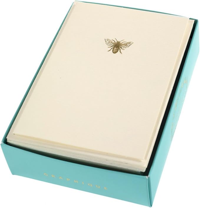 Graphique Bee La Petite Presse Boxed Notecards - 10 Embellished Gold Foil Blank Cards with Matching Envelopes and Storage Box, 3.25" x 4.75"