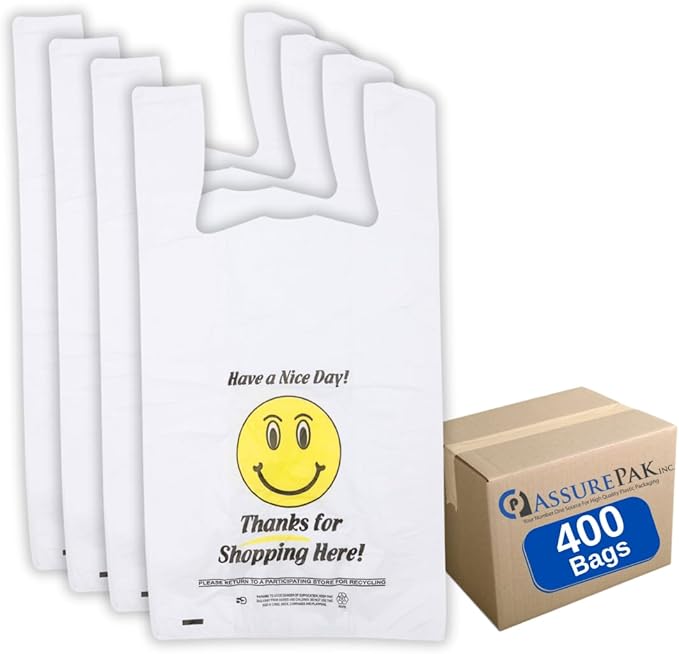 Easy Open - 400 Bags - White Happy Face/Smiley Face HDPE T-Shirt Bags - Full Size - 1/6 BBL 12"X7"X22"- 15 microns - White - HF1272215M-EO - AssurePak