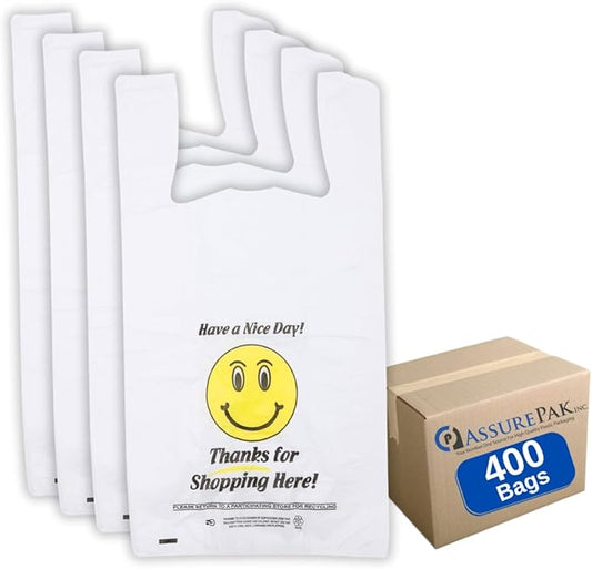 Easy Open - 400 Bags - White Happy Face/Smiley Face HDPE T-Shirt Bags - Full Size - 1/6 BBL 12"X7"X22"- 15 microns - White - HF1272215M-EO - AssurePak