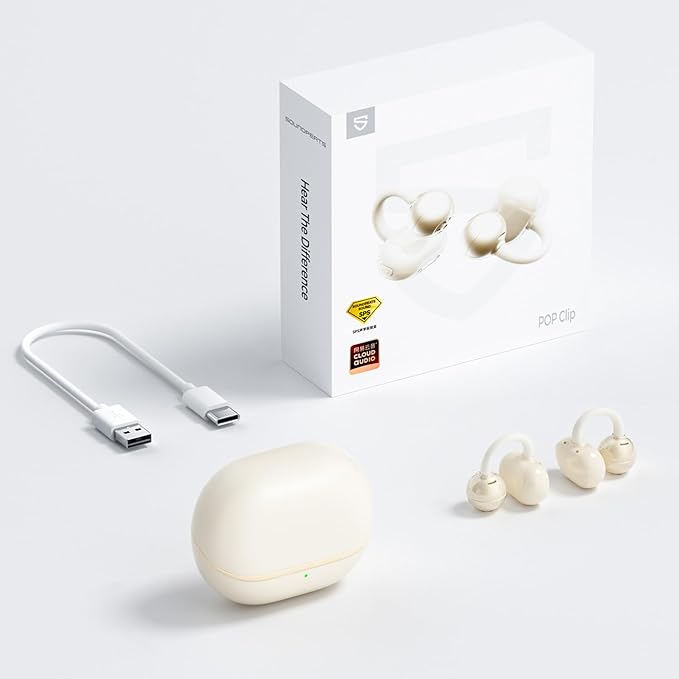 SoundPEATS POP Clip Wireless Open Ear Earbuds, Button Control, Lightweight Comfort Headphones, 30H Playtime, IPX5 Waterproof, Bluetooth 5.4 Immersive Audio Earphones for Sports Running Working, Beige