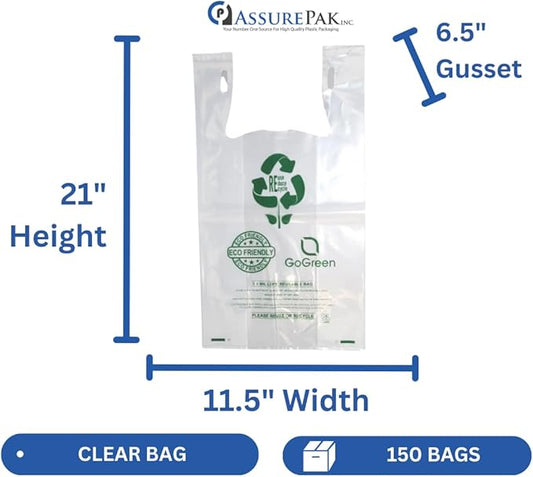 Clear Reusable/Eco-Friendly LDPE T-Shirt - 1/6 BBL 11.5"X6.5"X21" - 150 Bags - 101 Micron (4.0 mil) - Clear - CLLD4MREUSE1221