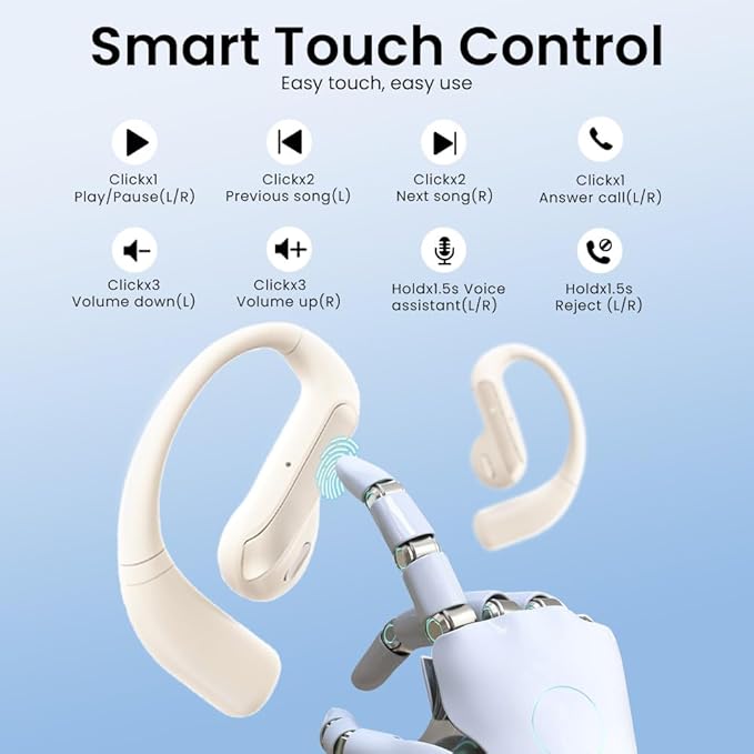 Wireless Earbuds Bluetooth Headphone Sport, 2025 Bluetooth Earbuds Stereo Deep Bass Over Ear Bud with Earhooks, ENC Noise Cancelling Mic Earphone, Waterprooffor Workout/Running-Off White