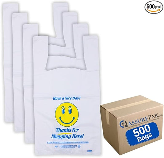 White Happy Face/Smiling Face HDPE T-Shirt Bags - 500 Bags - for Retail, Groceries, Merchandise, Convenience Store, Supermarket, Restaurant - 11.5"x 6"x 21" - 18 microns - White