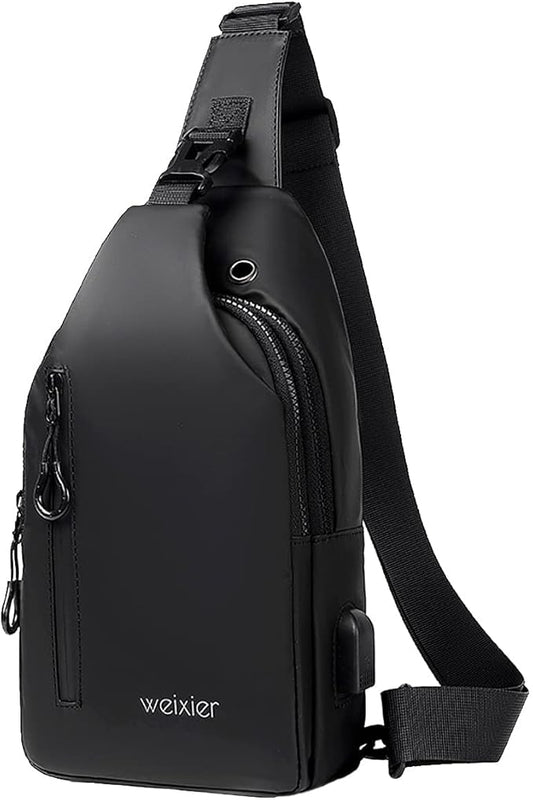 Waterproof Sling Bags Mens Shoulder Crossbody Backpack with USB Charging Port& Headphone,Outdoor Lightweight Bag