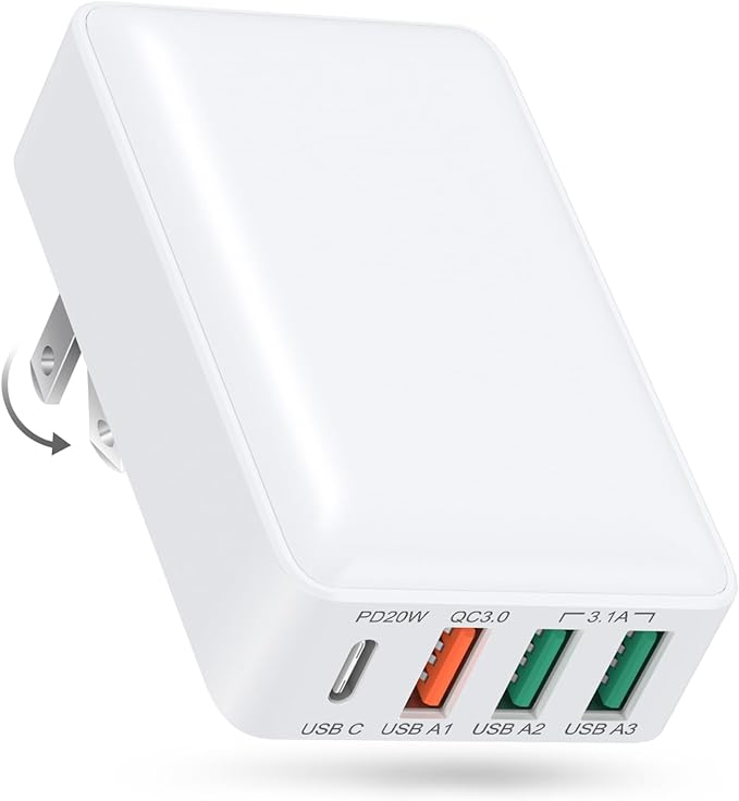Flat USB C Charger Block, OKRAY 4-Port 40W Fast Charging Brick Foldable Wall Plug, QC&PD3.0 Multiport Slim Travel Power Adapter Type C Phone Charger for iPhone 16 15 14 13 12 Pro, iPad, AirPods,iwatch