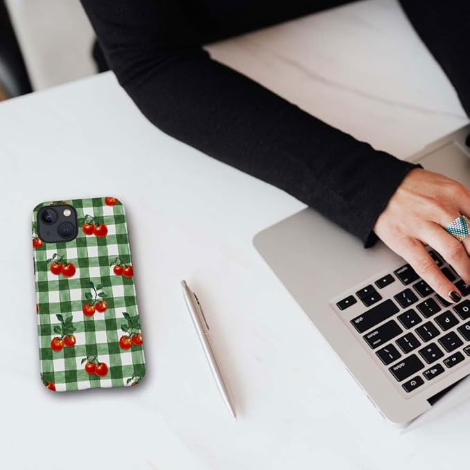 DAIZAG Case Compatible with for iPhone 13,Green Red Checkerboard Tomatoes Watercolor Phone Case for iPhone 13 for Girl Women Boy Men