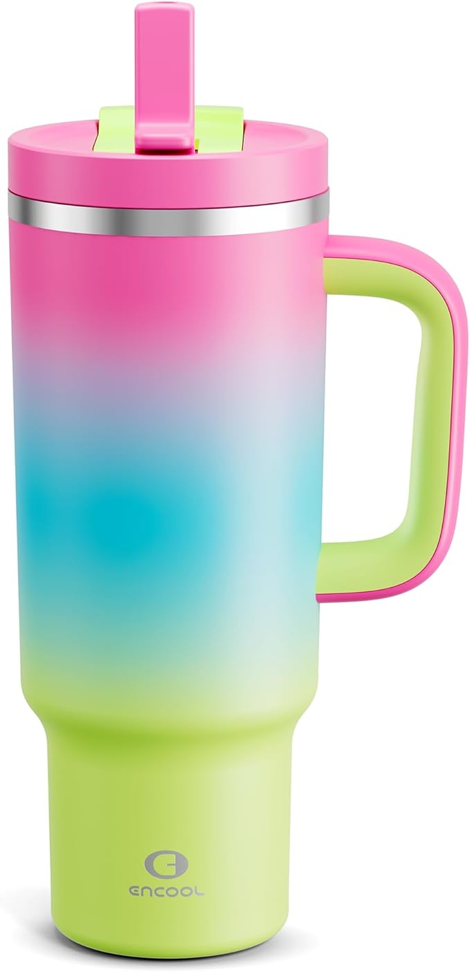 40 oz Tumbler with Handle and Straw: Stainless Steel Insulated Tumbler Keeps Cold for 24 Hours, Leakproof Travel Cup Fits in Cup Holder and BPA-Free, Lime Sorbet