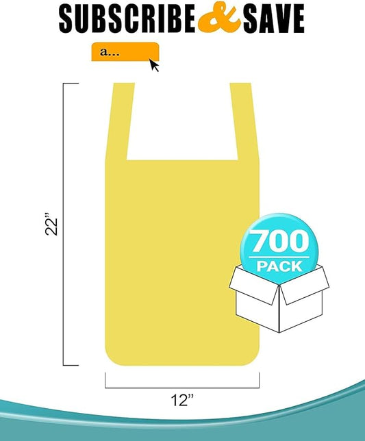 Yellow T-Shirt Bags, 12 x 6 x 22 Inches. Pack of 700 Plastic Merchandise Bags, 18 Micron. Unprinted Grocery Bags with Handles. High Density Polyethylene Shopping Bags for Small Business