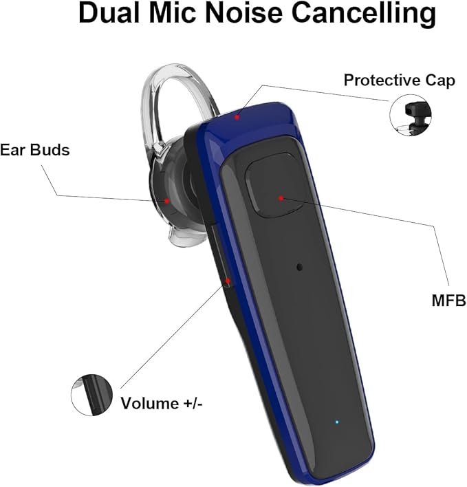 Bluetooth Headset - V5.0 Wireless Handsfree Earpiece Built-in Dual Mic Noise Cancelling, 10 Days Standby 16Hrs HD Talktime Ultralight Headset for iPhone Android Samsung Laptop(Blue)