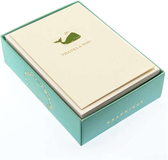 Graphique Whale La Petite Presse Boxed Notecards - 10 Elegant Embossed Green Whale Thanks a Ton! Thank You Cards with Matching Envelopes, 3.25" x 4.75"