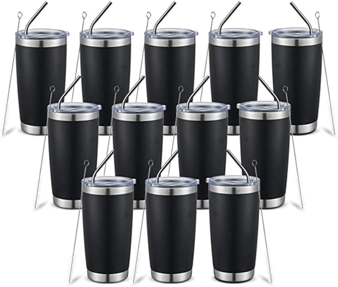 20oz insulted tumblers stainless steel cup Tumbler Bulk with push Lid, and metal straw powder coated coffee cup for cold and hot drinking (12, black)