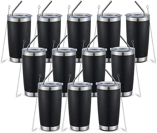 20oz insulted tumblers stainless steel cup Tumbler Bulk with push Lid, and metal straw powder coated coffee cup for cold and hot drinking (12, black)