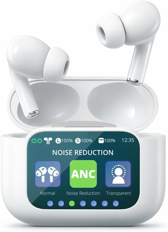Audionic Airtouch 40 Wireless Earbuds, Bluetooth 5.4, Ultra-Wide LED Touchscreen Case, ANC/ENC Noise Cancelling, Low Latency, Hi-Fi Sound, for Android/iOS (White)