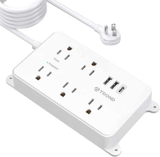 TROND Surge Protector Power Strip 15ft Extension Cord, ETL Listed, 5 Widely Spaced AC Outlets, 2 USB A and 1 USB C, 1300J, Flat Plug Power Strip, Wall Mountable, for Home Office, White