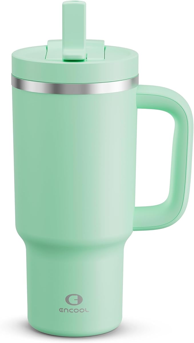 32 oz Tumbler with Handle and Straw: Stainless Steel Insulated Tumbler Keeps Cold for 24 Hours, Leakproof Travel Cup Fits in Cup Holder and BPA-Free,Brook Green