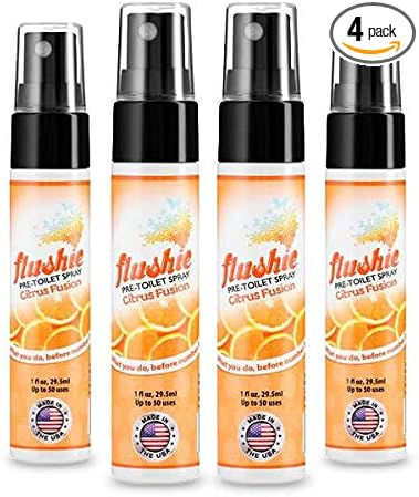 Flushie Pre-Toilet Spray for Poop Travel Size Toiletries Bathroom Spray for Poop Spray for Toilet Deodorizer Traveling Essentials Poop deodorizer Poop Odor eliminator… (Citrus, 1oz 4pack)