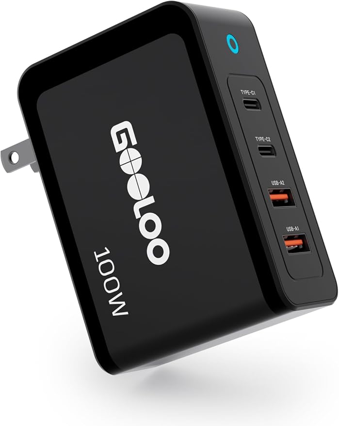 Gooloo 100W USB C Charger Block, 4-Port Foldable Compact Fast Wall Charger for MacBook Pro/Air/iPad/iPhone Series and More, SuperSafe Power Adapter for Gooloo GT4000S/GT3000 Jump Starters