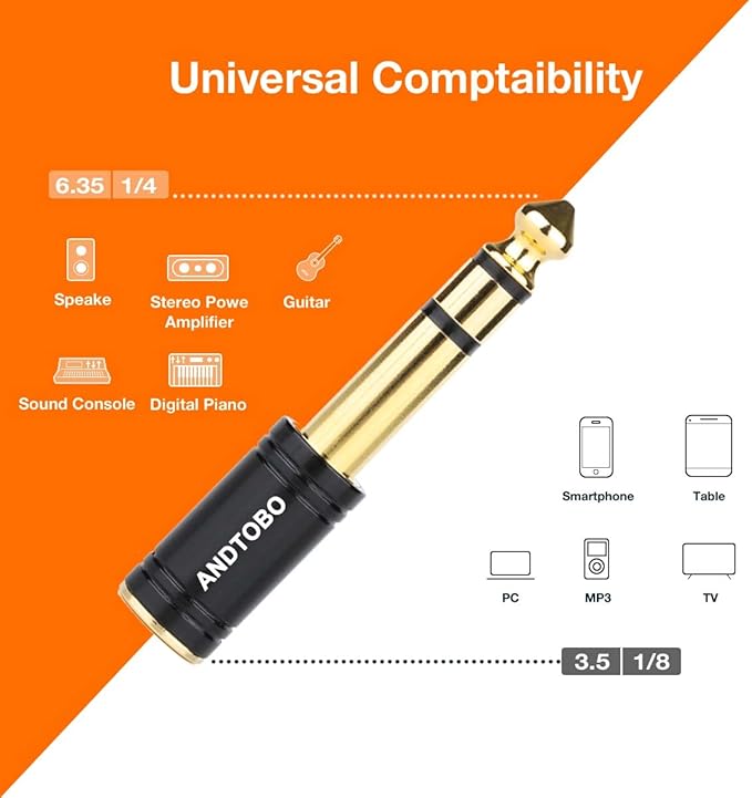 ANDTOBO 1/4''(6.35mm) Male to 1/8'' (3.5mm) Female Stereo Audio Jack Pure Copper Adapter for Headphone, Amp, 3 Pack-Black