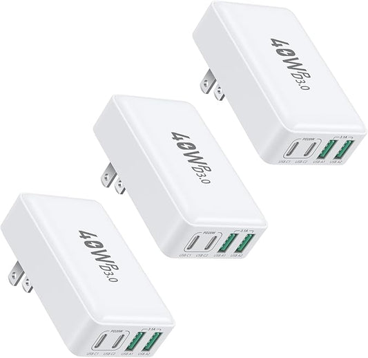 Flat USB C Wall Charger, OKRAY 3-Pack 40W 4-Port QC&PD3.0 Fast Charging Blocks with Foldable Plug, Slim USB A&USB C Charger Multiport Power Adapter for iPad, iPhone 16 15 14 13 12 Pro, AirPods, iwatch