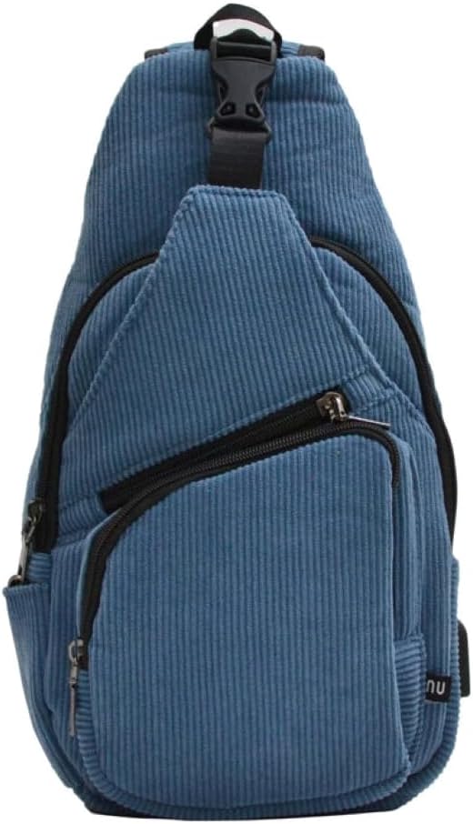 Anti-Theft Daypack Crossbody Sling Backpack, USB Charging, Lightweight Day Pack for Travel, Hiking, Everyday, Large, Cornflower Blue Corduroy