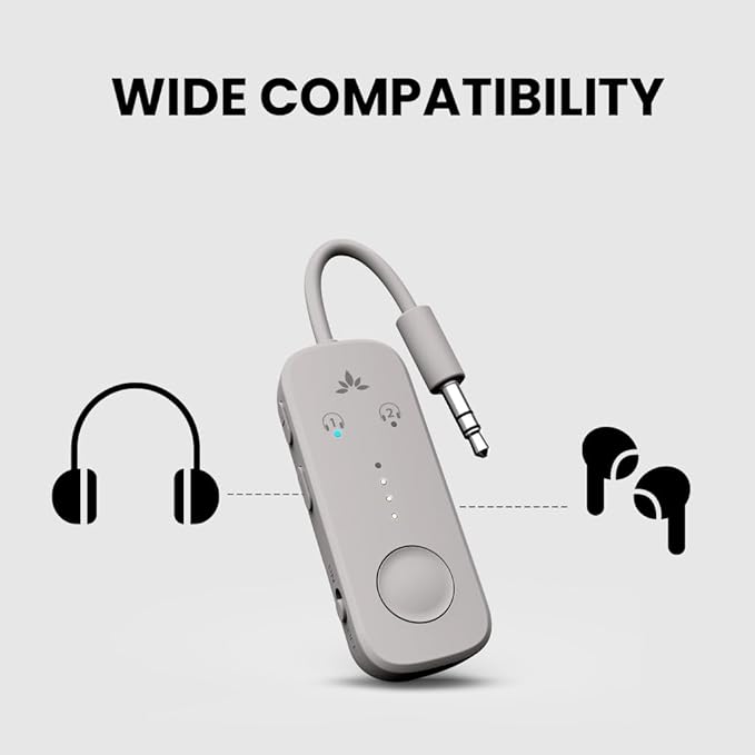 Avantree Relay - Airplane Bluetooth 5.3 Adapter with Qualcomm aptX Adaptive, Supports 2 AirPods or Headphones, 20Hr Playtime, 3.5mm AUX Wireless Audio Transmitter for Travel Flight, Airline, Gym