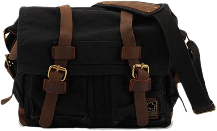 Sechunk Vintage Military Leather Canvas Laptop Bag Messenger Bags Medium