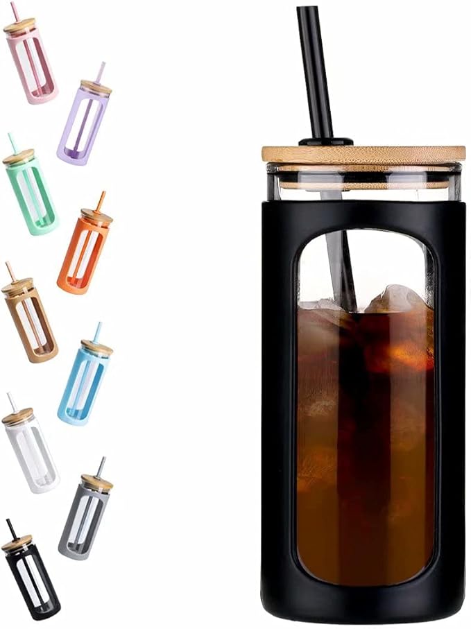 Kodrine 20oz Glass Water Tumbler with Straw and Lid, Bamboo Lids Water Bottle, Iced Coffee Cup Reusable, Wide Mouth Smoothie Cups with Protective Silicone Sleeve BPA FREE-Black