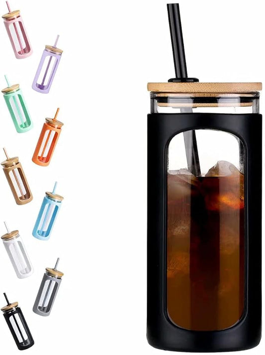 Kodrine 20oz Glass Water Tumbler with Straw and Lid, Bamboo Lids Water Bottle, Iced Coffee Cup Reusable, Wide Mouth Smoothie Cups with Protective Silicone Sleeve BPA FREE-Black
