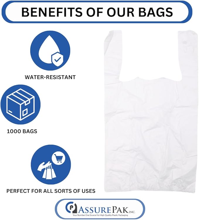 Easy Open - White Unprinted HDPE T-Shirt Bags 10"x5"x18" with handles – 1000 Bags – 13 Microns – Perfect for Grocery Shopping and Store Purchases