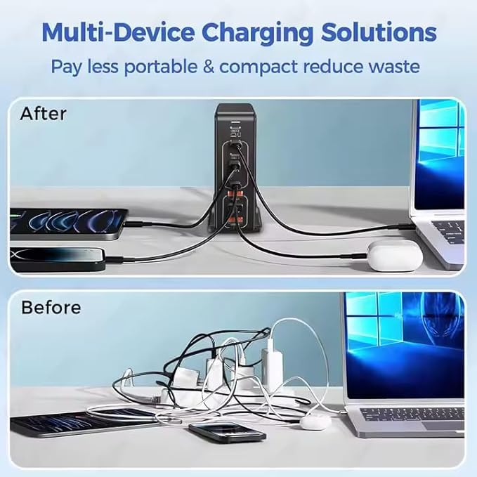268W GaN USB Type C Charger 8 Ports Fast Charging Station PD QC4.0, USB C Laptop Charger Compatible with MacBook Pro/Air, iPads, Samsung Galaxy Note, iPhone 16/15/14/13/12 Mini/Pro/Pro Max