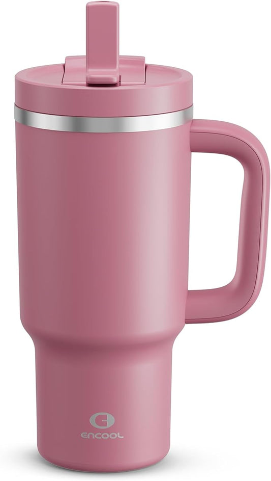 32 oz Tumbler with Handle and Straw: Stainless Steel Insulated Tumbler Keeps Cold for 24 Hours, Leakproof Travel Cup Fits in Cup Holder and BPA-Free, Turkish Rose