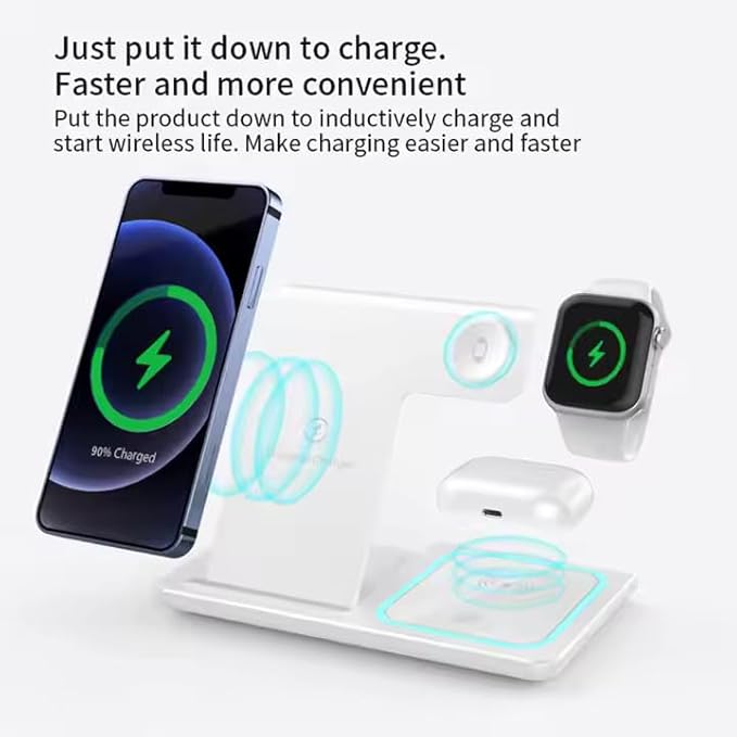 Multiple Devices Charging Station, Charger 3 in 1 Magnetic Wireless Charging Stand for iPhone 16/15/14/13/12/11/X, Wireless Charging Station, with USB Cable, Apple Watch Series (White)