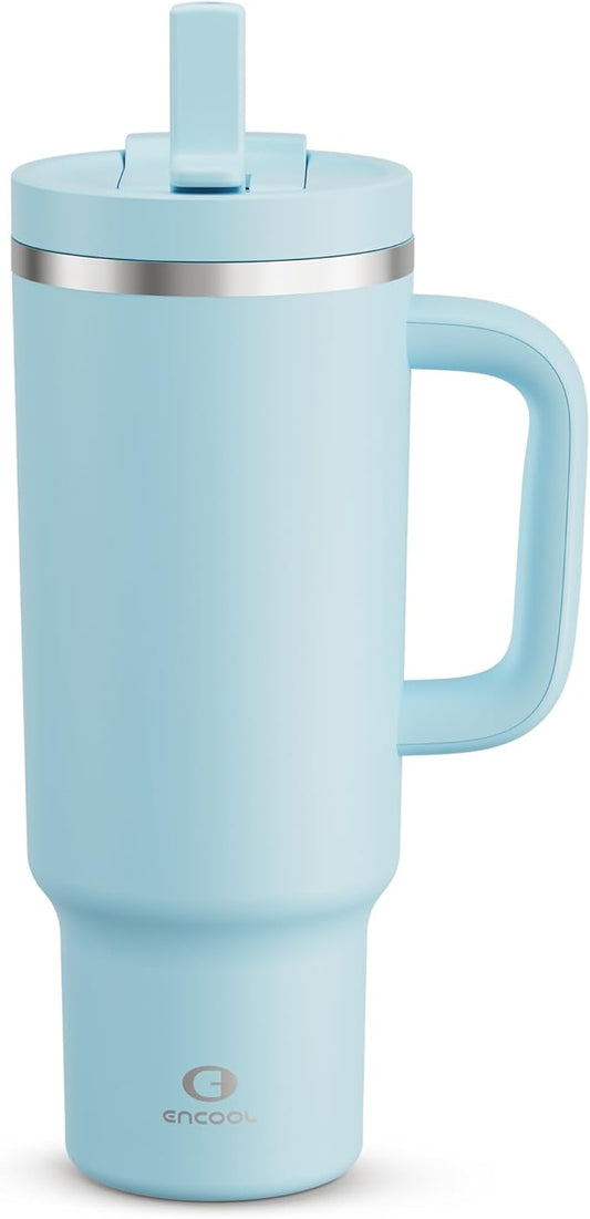 40 oz Tumbler with Handle and Straw: Stainless Steel Insulated Tumbler Keeps Cold for 24 Hours, Leakproof Travel Cup Fits in Cup Holder and BPA-Free, Pewter Blue