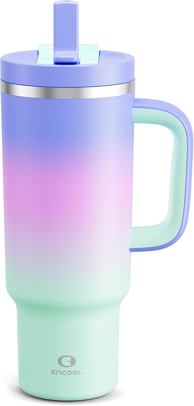 40 oz Tumbler with Handle and Straw: Stainless Steel Insulated Tumbler Keeps Cold for 24 Hours, Leakproof Travel Cup Fits in Cup Holder and BPA-Free, Frosted Lilac