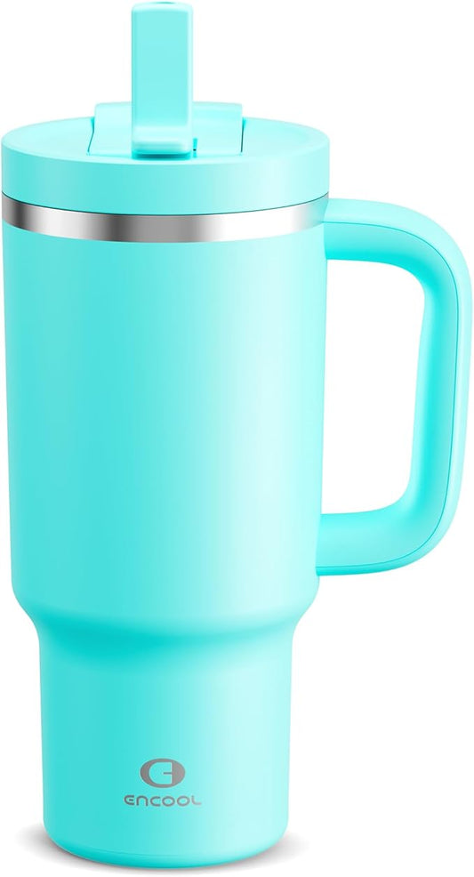 32 oz Tumbler with Handle and Straw: Stainless Steel Insulated Tumbler Keeps Cold for 24 Hours, Leakproof Travel Cup Fits in Cup Holder and BPA-Free, Aquamarine Blue