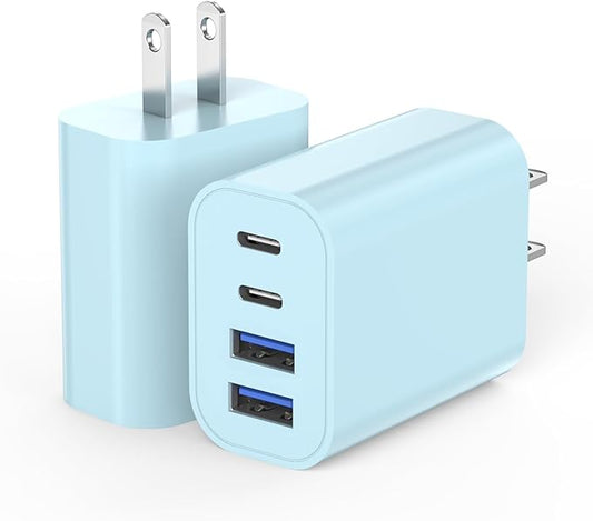 2 Pack 40W USB C Wall Charger,4-Ports Multiport PD Power Adapter & QC Wall Plug, Apple Fast Charging Block,iPhone USBC Charging Brick Compatible with iPhone 16/16e/16 Pro/15/15 Pro Max/14/13/12(Blue)