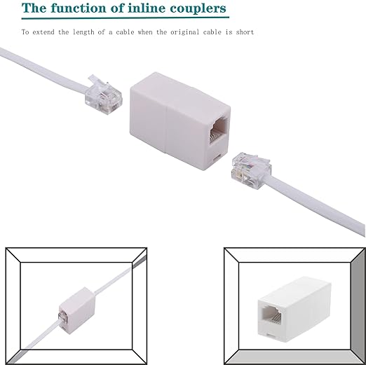 LanSenSu Phone Extension Cord 66 Ft, Phone Cord Telephone Cable with Standard RJ11Plug and 2 in-Line Couplers and 25Cable Clip Holders, White (White, 66 Feet)