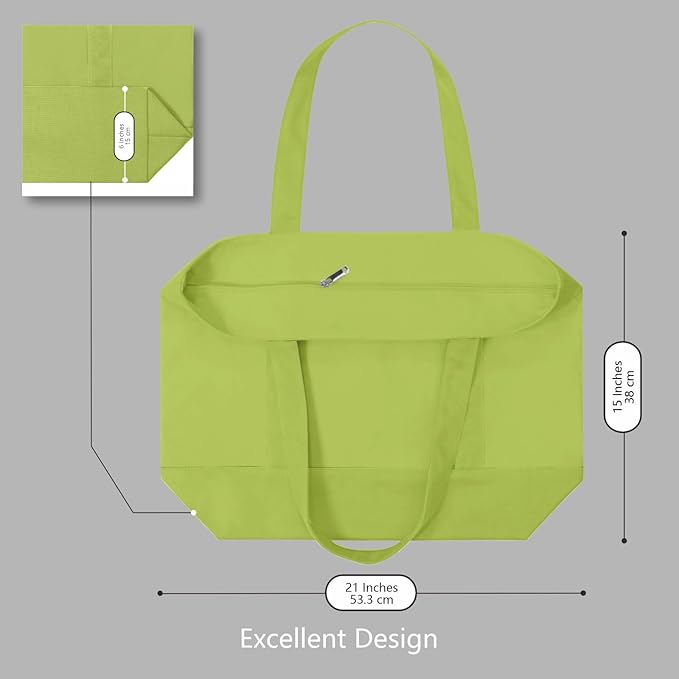 TOPDesign 1-Pack Canvas Tote Bag with an External Pocket, Reusable Grocery Shopping Bag, Top Zipper Closure, Daily Essentials (Light Green)