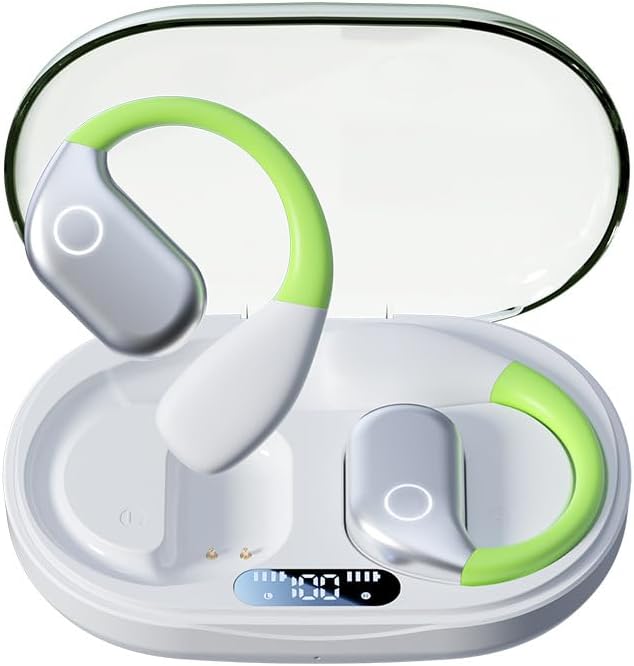Open Ear Air Conduction Sports Earphone Bluetooth 5.4 LED Digital Display Wireless 360° ACS Surround Sound Ear Hook Sports Earbuds with Mic Bone Conduction for Driving and Listening to Music (Green)