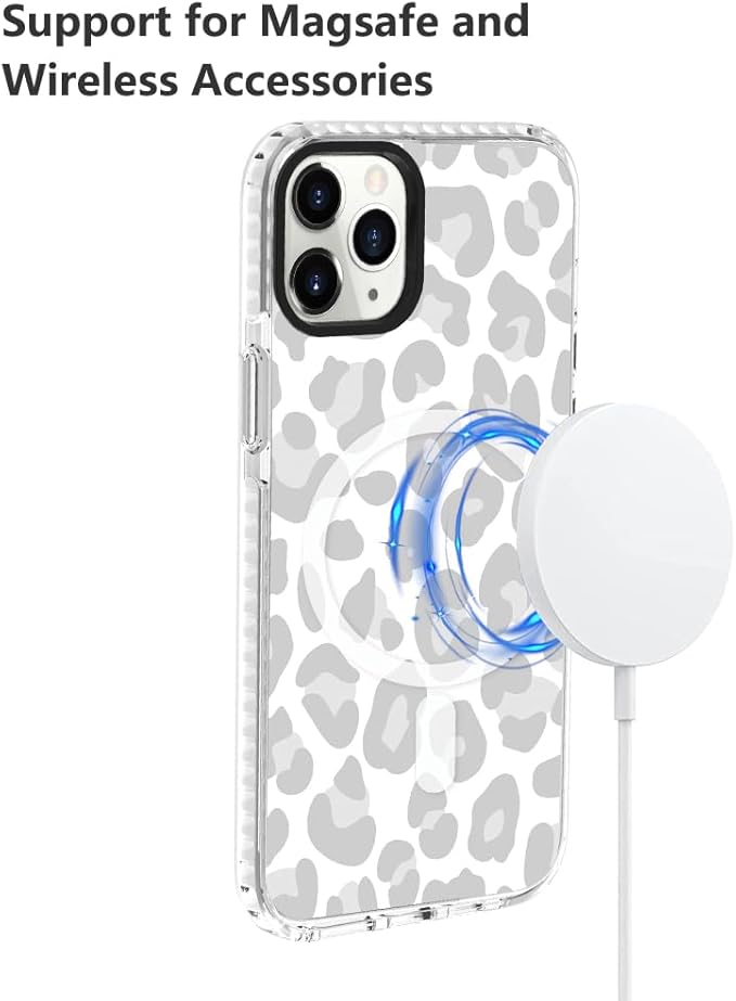 SAKUULO Magnetic for iPhone 11 Pro Max Case [Compatible with MagSafe] Light Grey Leopard Print Pattern Wireless Charge Slim Shockproof Case for iPhone 11 Pro Max Phone Case, Grey Leopard (6.5")