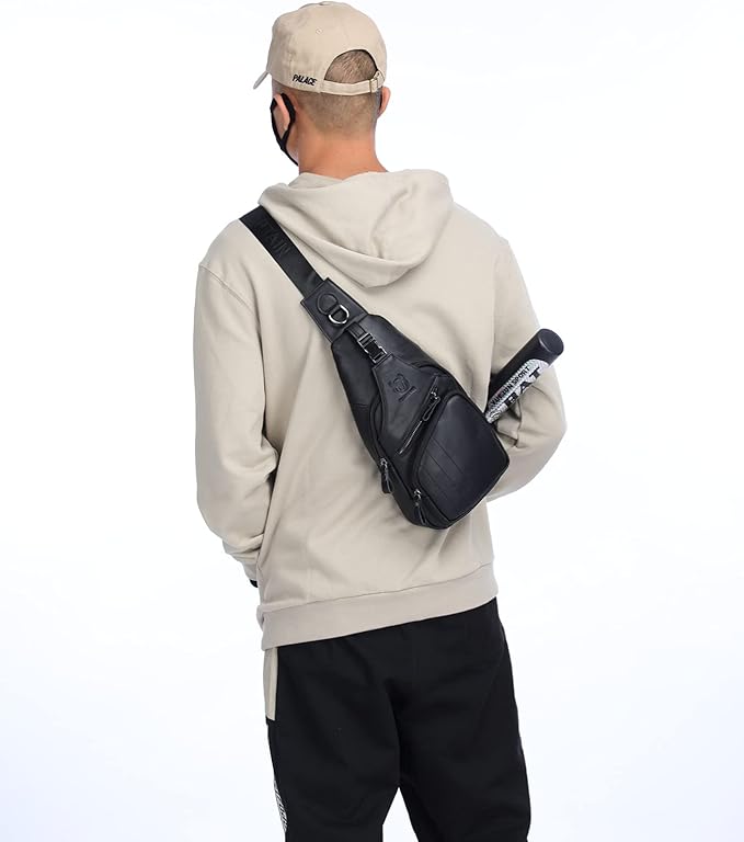 BULLCAPTAIN Men Sling Chest Bag Genuine Leather Casual Multipurpose Crossbody Shoulder Backpack Travel Hiking Daypack (Black)