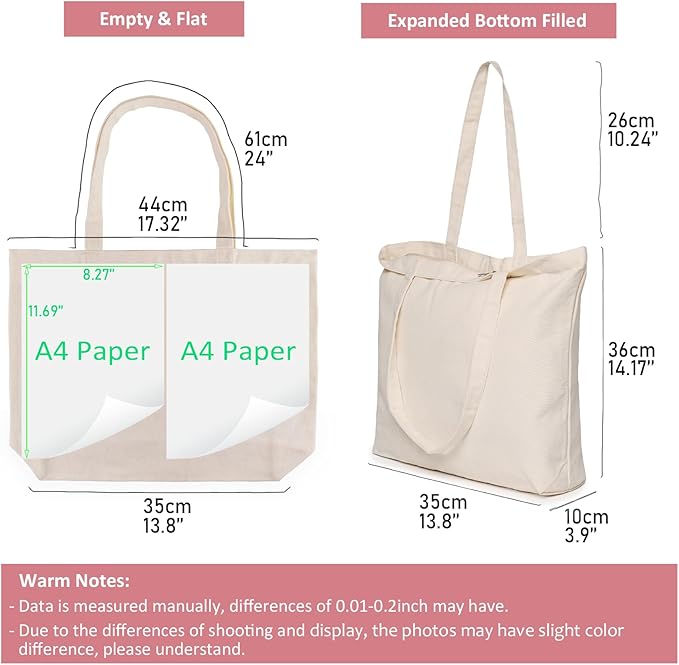 Koolmox Canvas Tote Bags with Zipper, 6-Pack 17x14'' Cotton Tote Bag with Flat Bottom, Reusable Washable Grocery Shopping Bags Plain Totes for Women DIY Art Crafts Painting Embroidery Decoration