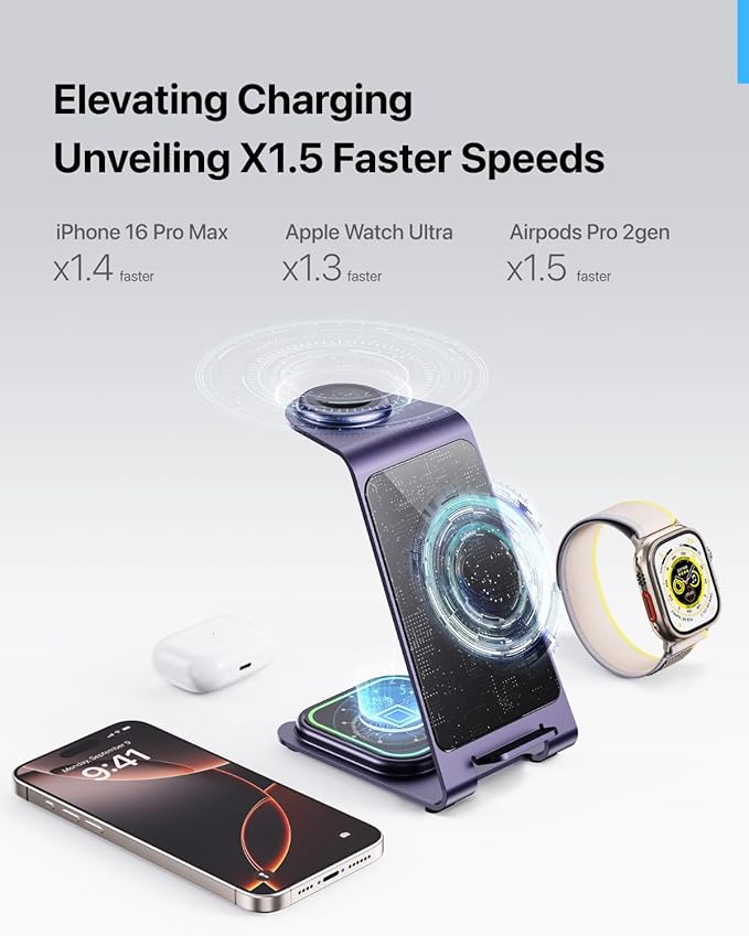 Intoval 3 in 1 Wireless Charging Station for iPhone 16 15 14 13 12 11 X Pro Max, Wireless Charger for Apple Watch Ultra 3 SE 9 8 7 6 5 4 3 2, for AirPods 4 Pro Pro 2 3 (Y93, Purple)