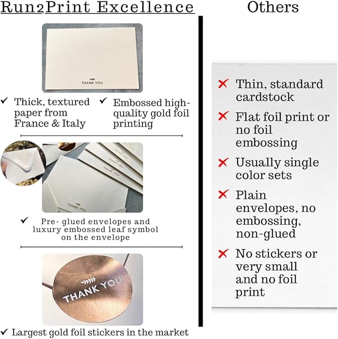 RUN2PRINT (36 Pack) Thank You Cards With Envelopes & Gift of 36 Foiled Stickers - Elegant Emboss Rose Gold Foil Pressed Blank Notes Wedding All Occasion Cards (Ivory)