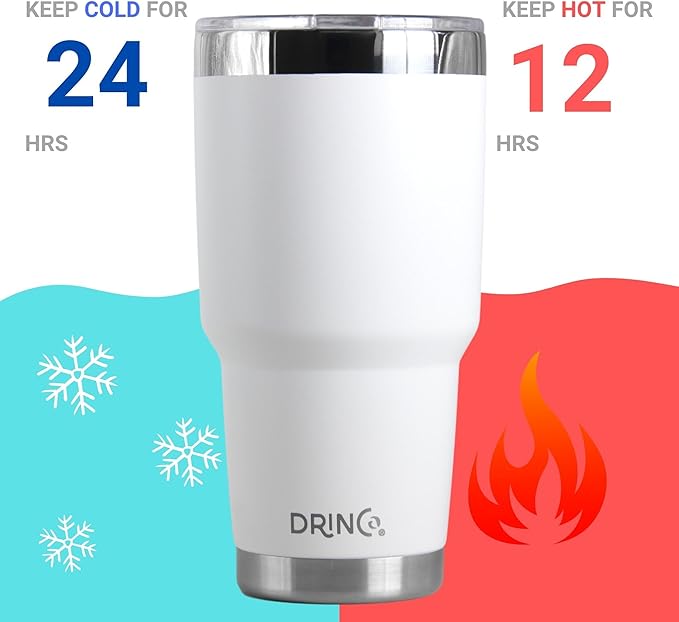 Drinco - 30 oz Stainless Steel Tumbler | Double Walled Vacuum Insulated Mug With Lid, 2 Straws, For Hot & Cold Drinks (30oz Artic White USA Flag, 30oz)
