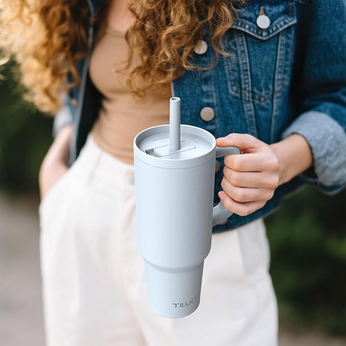 TILUCK 40 oz Tumbler with Handle, Vacuum Insulated Stainless Steel Travel Mug with 100% Leak-Proof Silicone Straw Lid, Cupholder Friendly Water Bottle(LightBlue, 40oz)