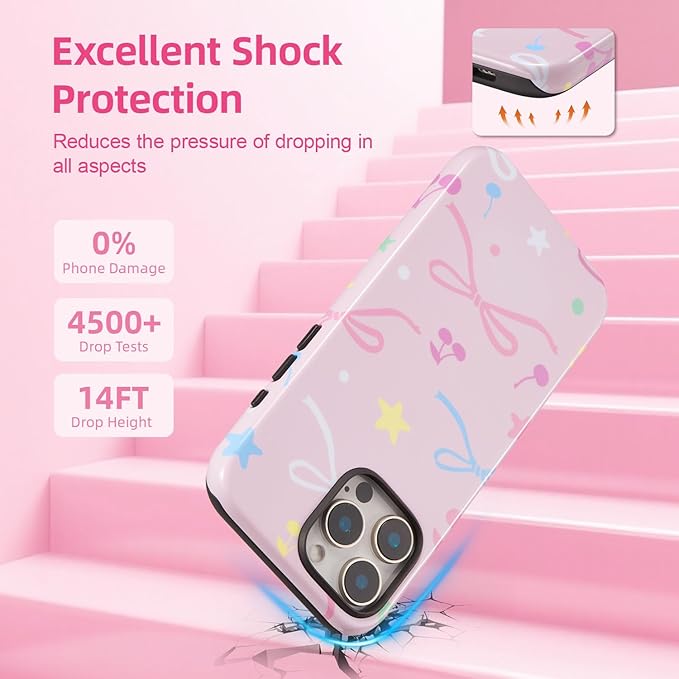 QLTYPRI Case for iPhone 15 Pro Max, Aesthetic Colorful Bow Cherry Stars Phone Case for Girls Women, Protective Hybrid 2-Layer Hard Shell Silicone Cover Durable Shockproof Phone Cover - Pink