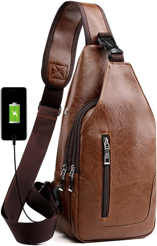 Peicees Leather Sling Bag Mens Crossbody Bag Chest Bag Sling Backpack for Men with USB Charge Port