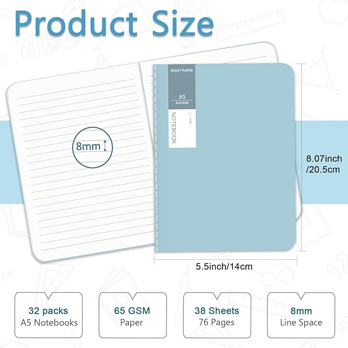 32 Pack A5 Colorful Notebooks Bulk, 8x5.5 Inches Lined Paper Travel Journaling Notebooks with 4 Colors, Composition Notebook for School Office Supplies, 38 Sheets 76 Pages