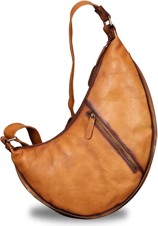 Genuine Leather Large Sling Bag for Men and Women Vintage Real Leather Sling Backpack Shoulder Crossbody Bag Chest Bag